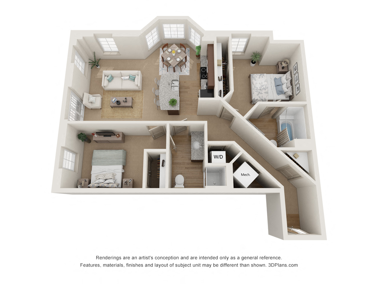 Floor plan for 2 beds, 2 baths, 1097 sqft